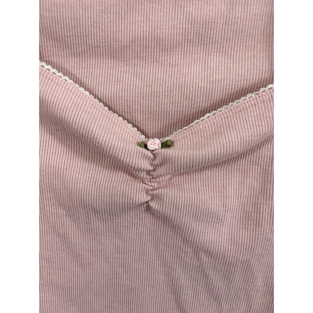 Mixed Thread Shirt Womens‎ XS Pink Ribbed Square Neck Ruched Y2K - Picture 5 of 8